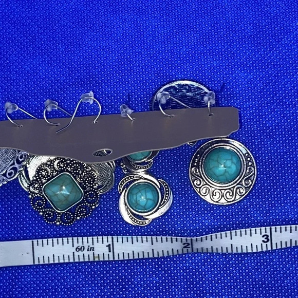 New bohemian geometric pattern faux turquoise earrings antique finish 3 pair - Picture 4 of 5